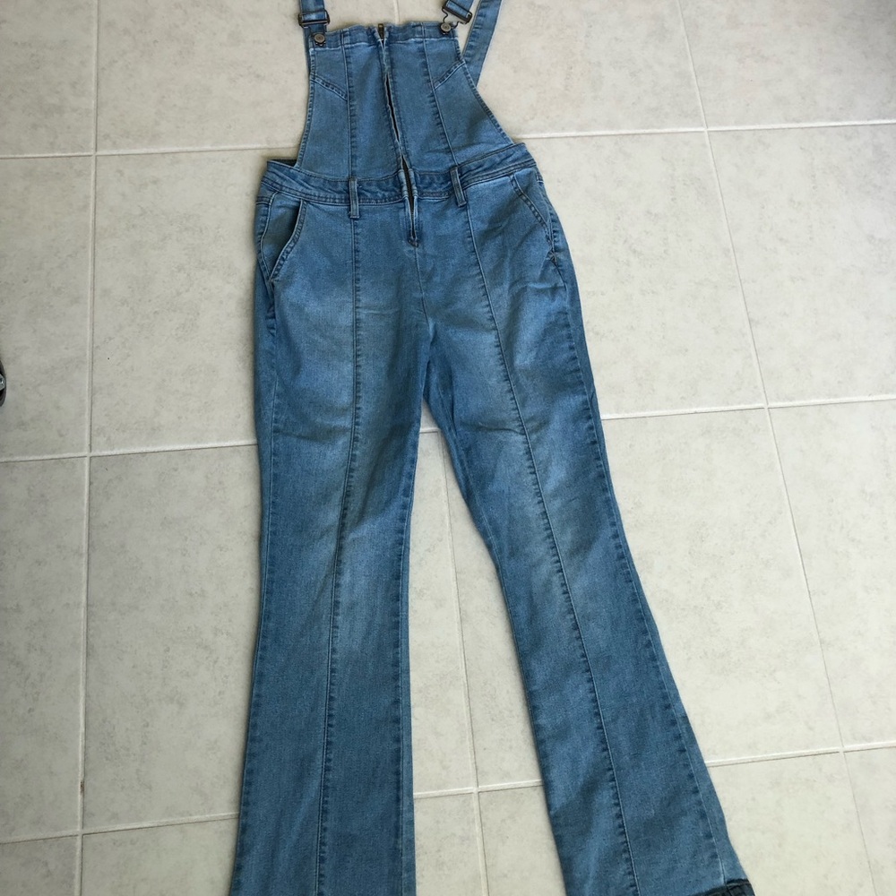 Blue Flared Denim Overalls with Adjustable Straps
